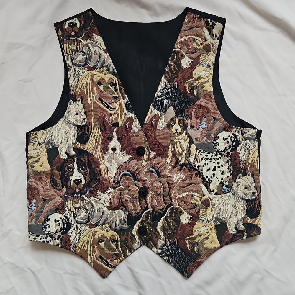 Dog Patterned Women's Tapestry Vest w Satin Back sz M Vintage 90's